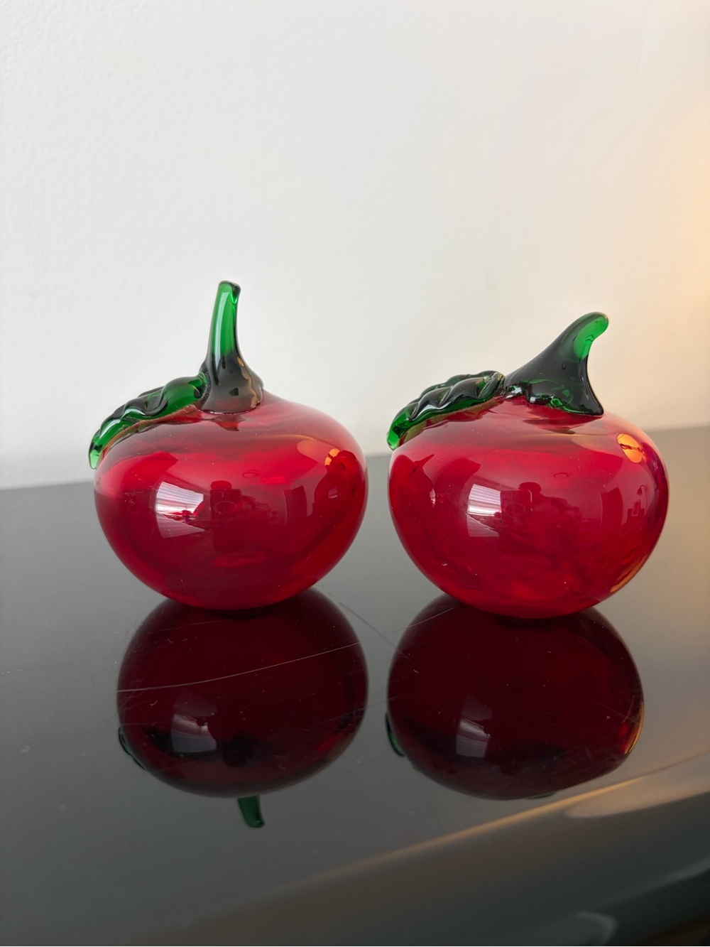 Pair of Red Art blown Glass Apple Paperweights Murano Style Glass Fruit Decor